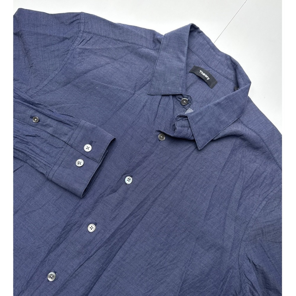 Theory Mens Navy Blue Micro Dot Long Sleeve Button Down Shirt Size M
